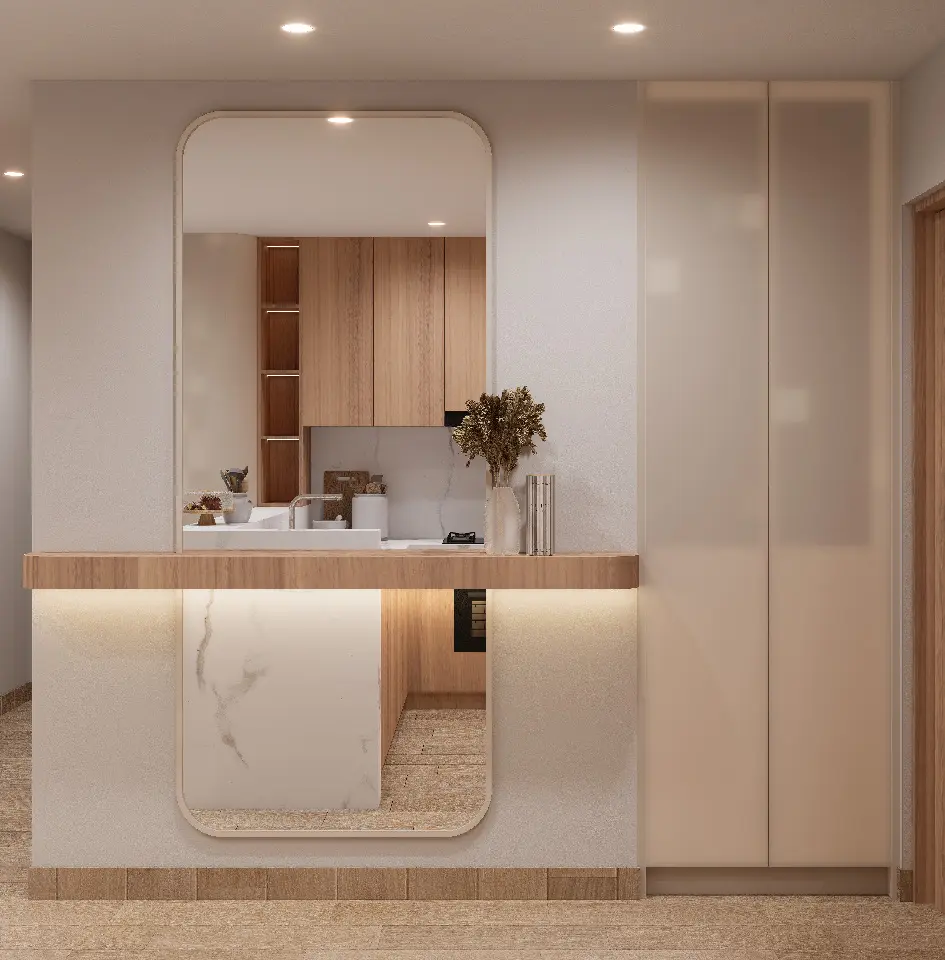 Elegant residential bar counter with warm joinery