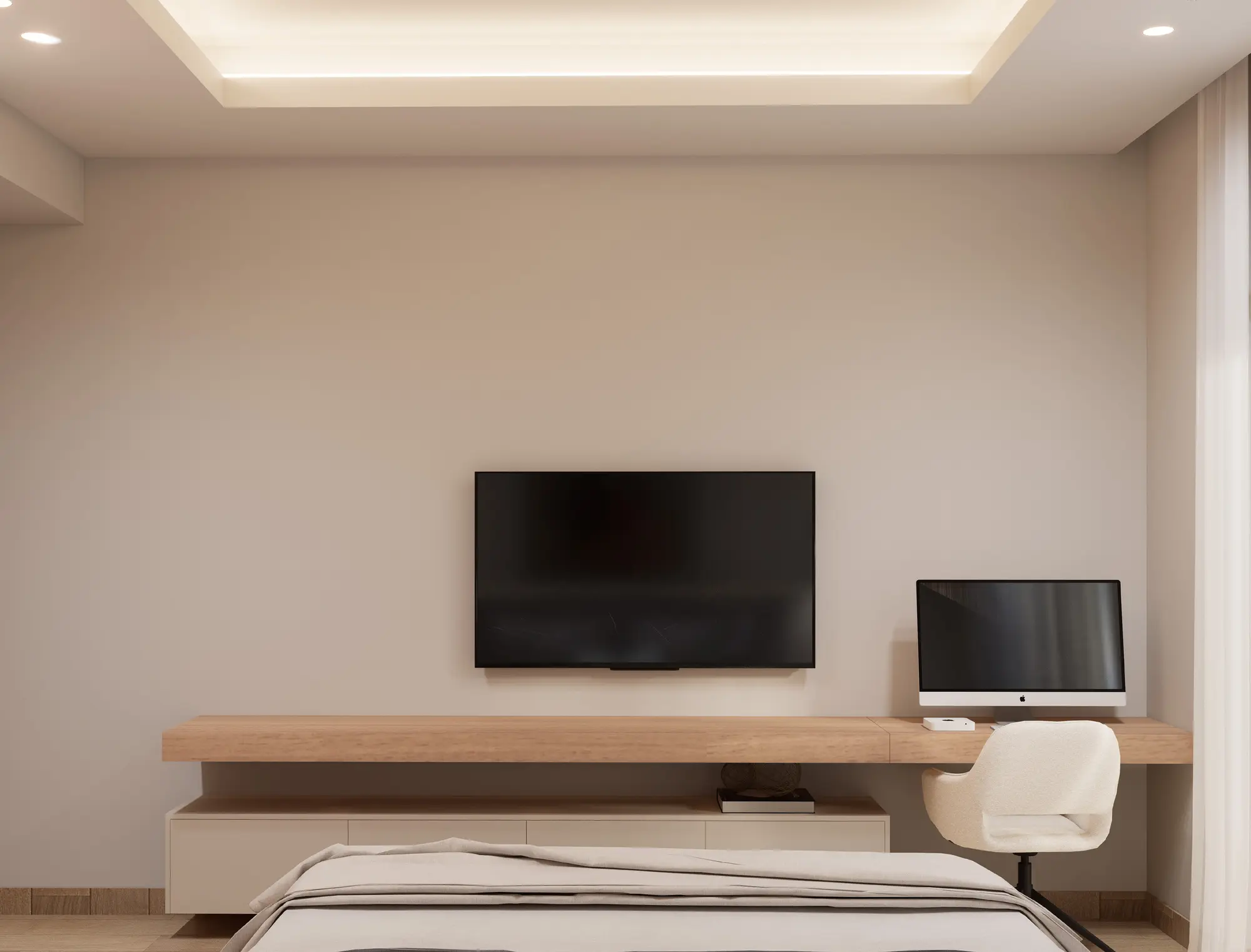 Bedroom TV wall and integrated study desk