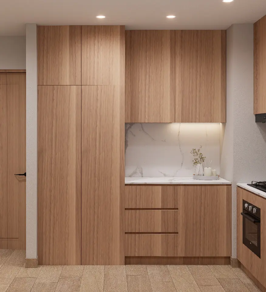Compact modern wood kitchen with integrated appliances