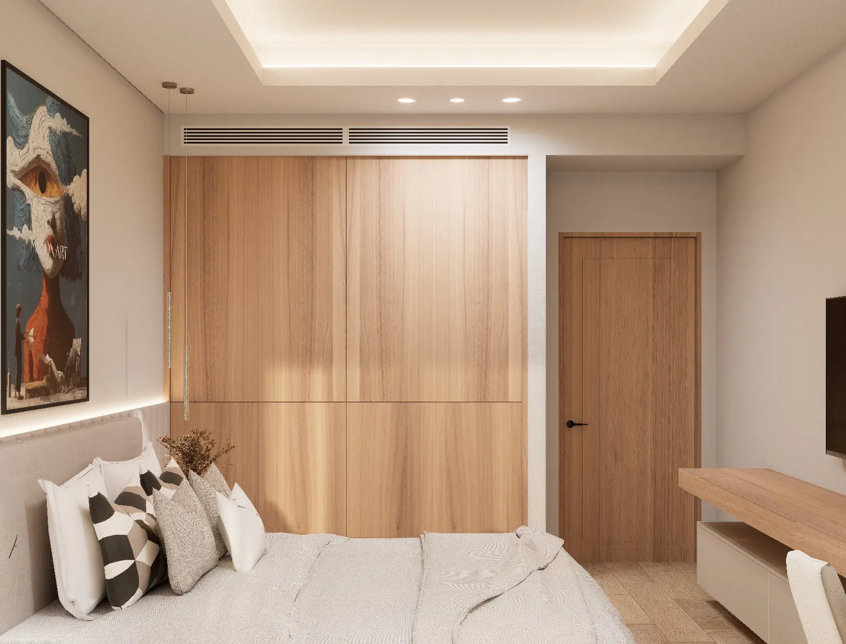 Contemporary guest bedroom with custom wardrobes