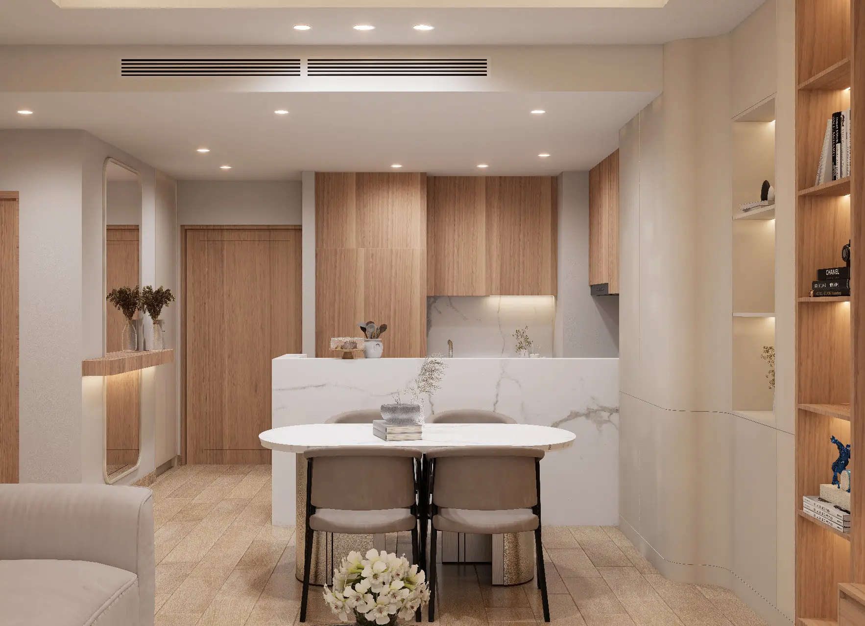 Open-plan living room with custom cabinetry