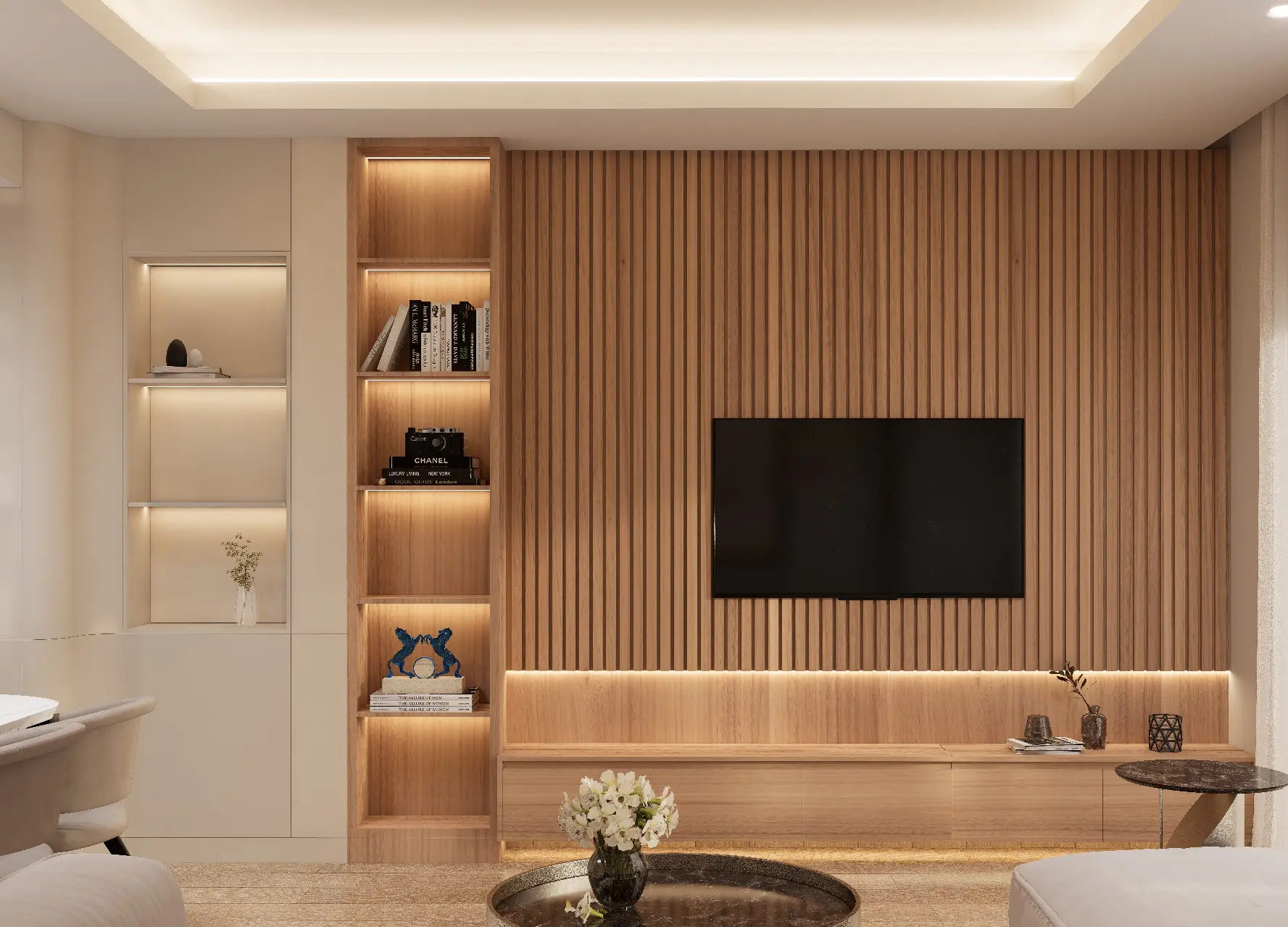 Warm timber living room TV feature wall
