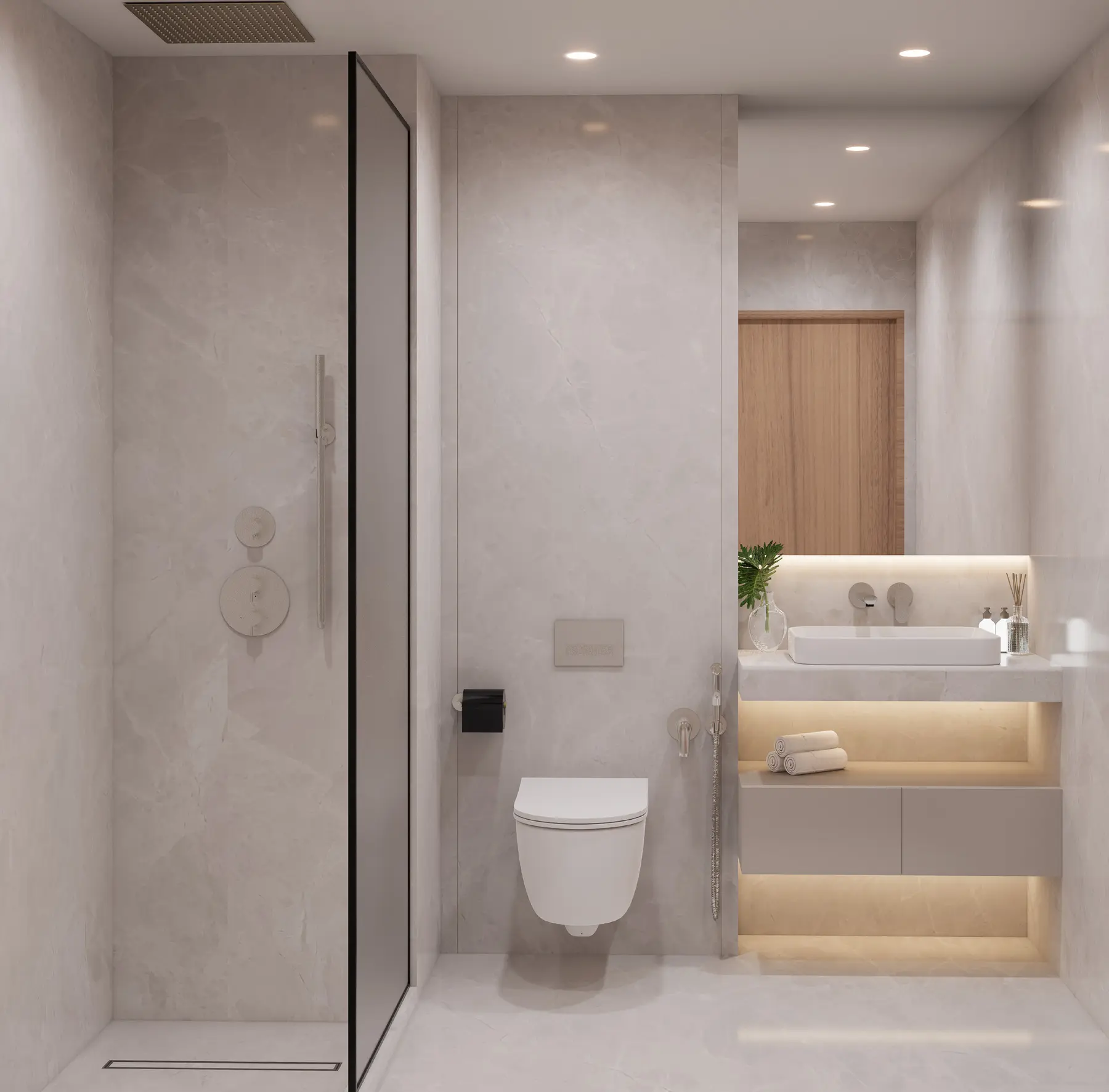 Compact bathroom with integrated utility storage